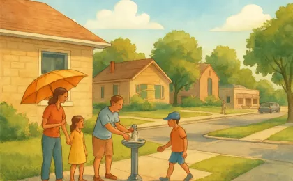 People in a Kansas City neighborhood taking summer heat precautions at home and on the sidewalk