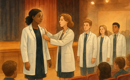 Students receiving white coats at a welcoming ceremony in a performing arts venue