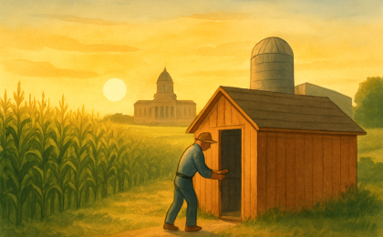 A Kansas cornfield scene with a farmer and silos, alongside a generic courthouse silhouette representing an investigation.