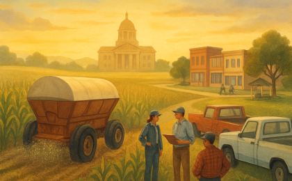 A Kansas cornfield scene with farmers coordinating around farm equipment and a distant courthouse silhouette representing a federal investigation.