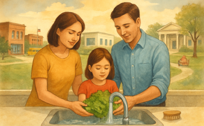 A family rinses and prepares fresh produce while a subtle clinic presence suggests public health guidance.