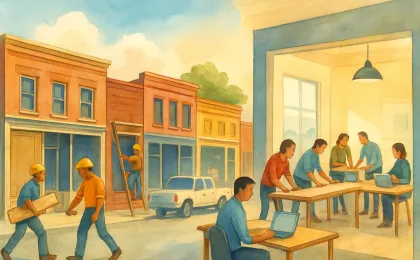 Illustration of a small-town downtown storefront row being renovated into bright business incubator workspaces