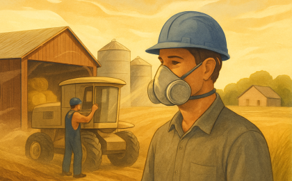 A farm worker uses protective breathing equipment while checking ventilation to reduce exposure to airborne dust.