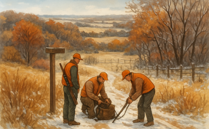 Hunters preparing outdoors with fall and winter scenery indicating limited-access hunting areas.