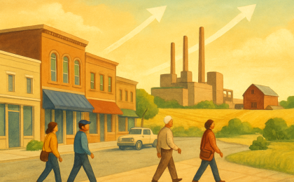 Illustration showing Kansas workers and local businesses alongside a factory with a simple upward trend symbol