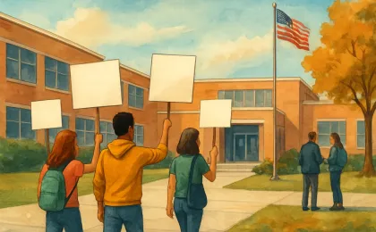 Students gather peacefully in a high school courtyard while a parent confers with a student near a campus entrance.