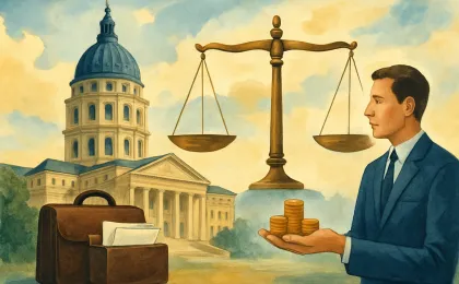 An illustration of a state capitol building and courtroom imagery suggesting taxpayer-funded legal defense.