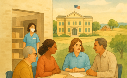 A community services scene showing healthcare and food support resources inside a civic building setting.