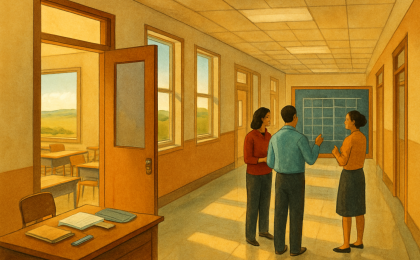 A supportive school scene showing fewer teacher vacancies and active staffing in Kansas classrooms.