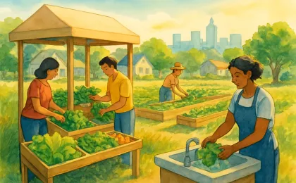 Community shoppers choose fresh leafy greens at a local produce stand while an educator demonstrates produce washing outdoors