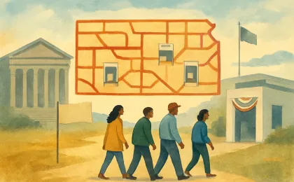 Editorial illustration showing Kansas civic institutions and voters moving toward polling booths, connected by roadways forming a Kansas outline.