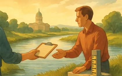 Generic illustration of Kansas water infrastructure beside a state government building, symbolizing a leadership transition at a water agency.
