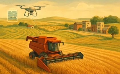 A farm combine and two drones illustrate data-driven wheat yield mapping and targeted spraying across different field zones.