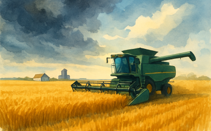 Artist’s illustration of wheat being harvested with changing clouds over a rural Kansas landscape.
