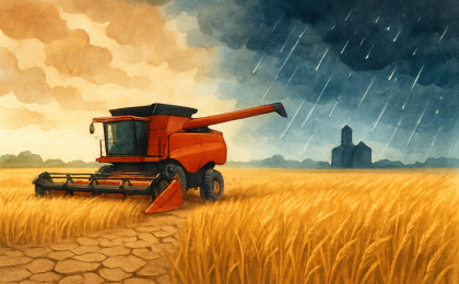 A combine harvests wheat between storm clouds while surrounding fields show drought stress and incoming rain