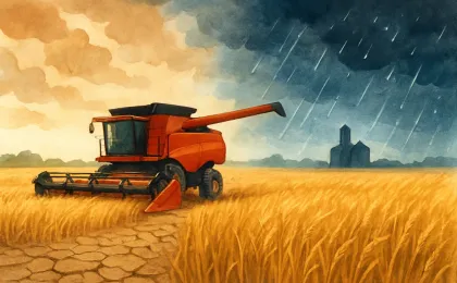A combine harvests wheat between storm clouds while surrounding fields show drought stress and incoming rain