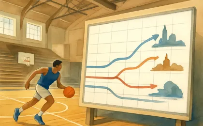 A creative illustration of a university basketball court with abstract travel routes indicating an out-of-town tournament schedule.