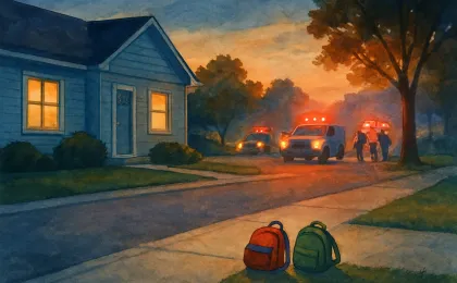 A dusk neighborhood scene suggesting an investigation near a home with emergency vehicles in the distance