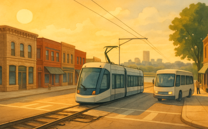 Streetcar tracks appear misaligned near an intersection while a shuttle bus assists riders in downtown.