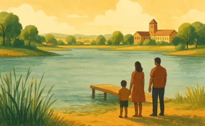 A lakeside scene suggesting harmful algal bloom conditions and water-safety precautions.