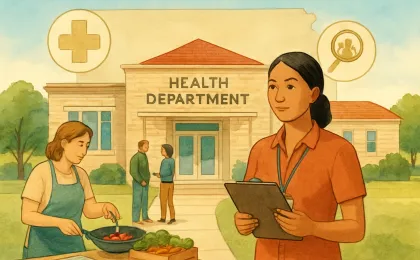 A community health outreach worker and a produce-cooking scene symbolizing statewide investigation and food safety guidance.