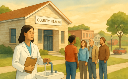 Illustration of a community health clinic and handwashing awareness tied to a rising parasite illness report.
