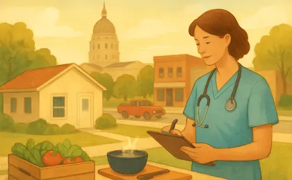 Illustration showing Kansas civic buildings, a clinic setting, and safe food preparation to reduce infection risk.