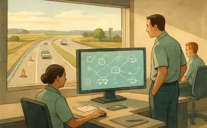 A modern traffic operations room with staff using an abstract dashboard to represent streamlined statewide crash data reporting.