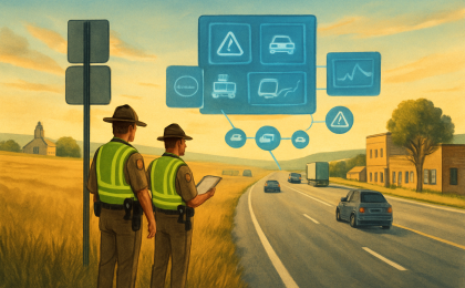 Illustration showing Kansas roadway personnel connected to a centralized crash-data system through abstract digital panels.