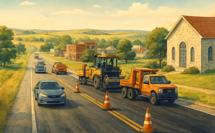 Highway 75 resurfacing scene with construction cones and slow-moving traffic near Topeka area