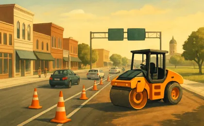 An illustration showing orderly highway roadwork near a Topeka neighborhood with traffic moving and crews preparing for completion