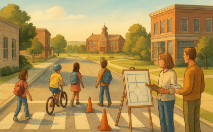 Children walking and biking toward a school along a safer street route with community planning support in the background.