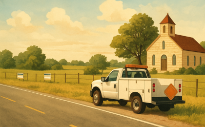 Illustration of a rural Kansas highway with a maintenance vehicle and signs placed only on private property