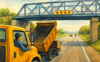 Driver checking vehicle height before passing under a bridge to help prevent clearance-related collisions.