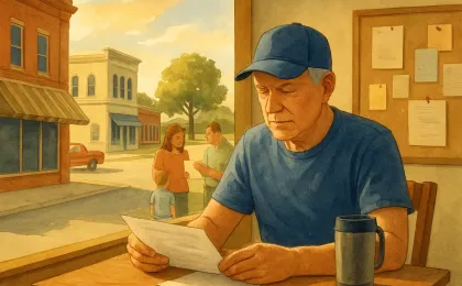 A hopeful illustration showing a Kansas veteran engaging with community support materials at home, with a small-town Main Street backdrop.