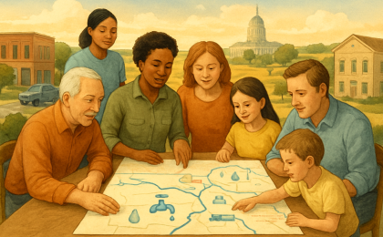 Community members reviewing a Kansas map and water-planning symbols during a statewide consult meeting