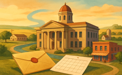 A courthouse illustration with a sealed document and a calendar symbolizing Kansas clemency procedure and timelines.