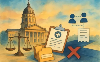 Court scales and filing folders beside a healthcare payment ledger with blocked fund-flow arrows