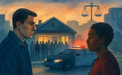 Illustration of a nighttime neighborhood gathering with police light glow and courthouse scales indicating criminal charges after a shooting.