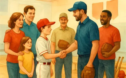 A Larned-area youth baseball signing celebration with a player, family, and coaches in a gym-like setting.
