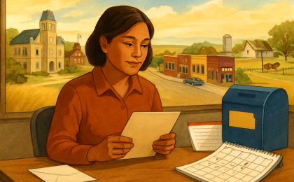 A civic desk scene with documents and a deadline calendar symbolizing voter registration updates in Kansas.