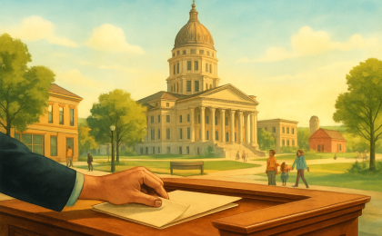 An illustration of a state capitol and courtroom setting symbolizing a Kansas Supreme Court appointment.