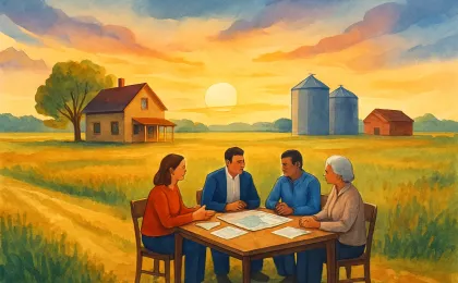 Rural Kansas farm scene with people discussing agricultural policy around a table near a small gathering space.