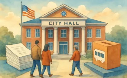 Illustration showing Lawrence tax documents and a transit-themed ballot vote near a city hall setting