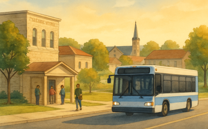 A hopeful scene showing a transit bus arriving and residents preparing to vote in Lawrence