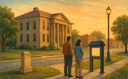 An outdoor scene with a commemorative historical marker and two residents pausing thoughtfully near a street corner.