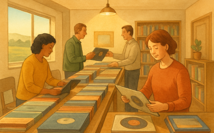 People browsing vinyl records at a friendly community swap night in Lawrence