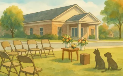 Illustration of a peaceful community gathering with flowers and animal-themed memorial elements outside a funeral home.