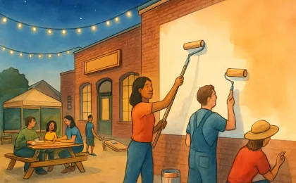 Volunteers paint a large community mural outside a brick brewery while families enjoy games under a small tent.