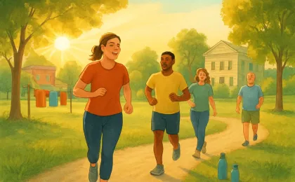 Illustration of a Lawrence outdoor workout group moving together under summer sun, with a community leader guiding the group.